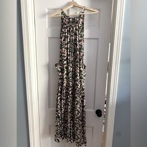 Moon River maxi dress. Pale pink background color with olive green leaf print.